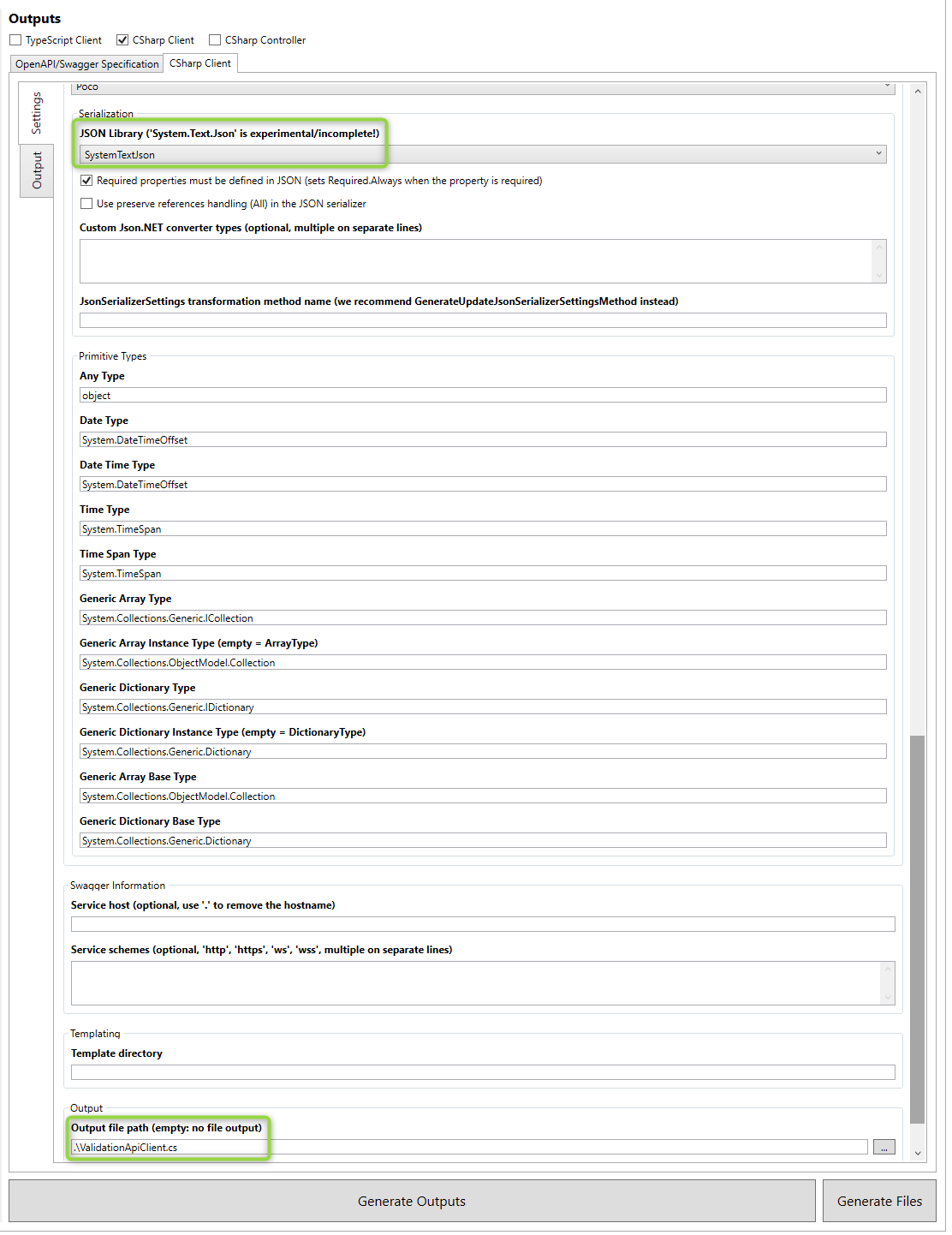 The lower part of the configuration in NSwag Studio, including the output file path.