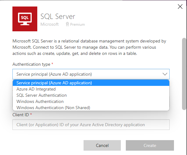 Several authentication mechanisms are offered, SQL Server Authentication even has the option for an OnPremise Data Gateway