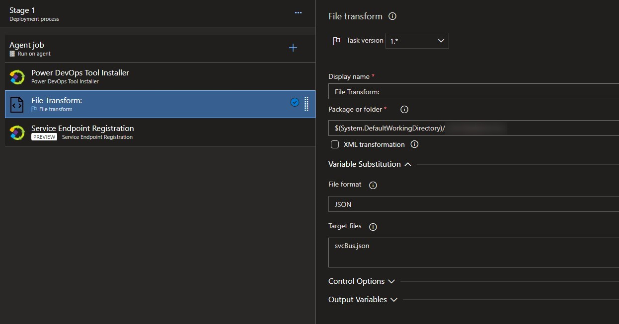 The file transformation task substitutes variables in the given JSON file.