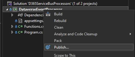 The publish option appears after a right-click on the project