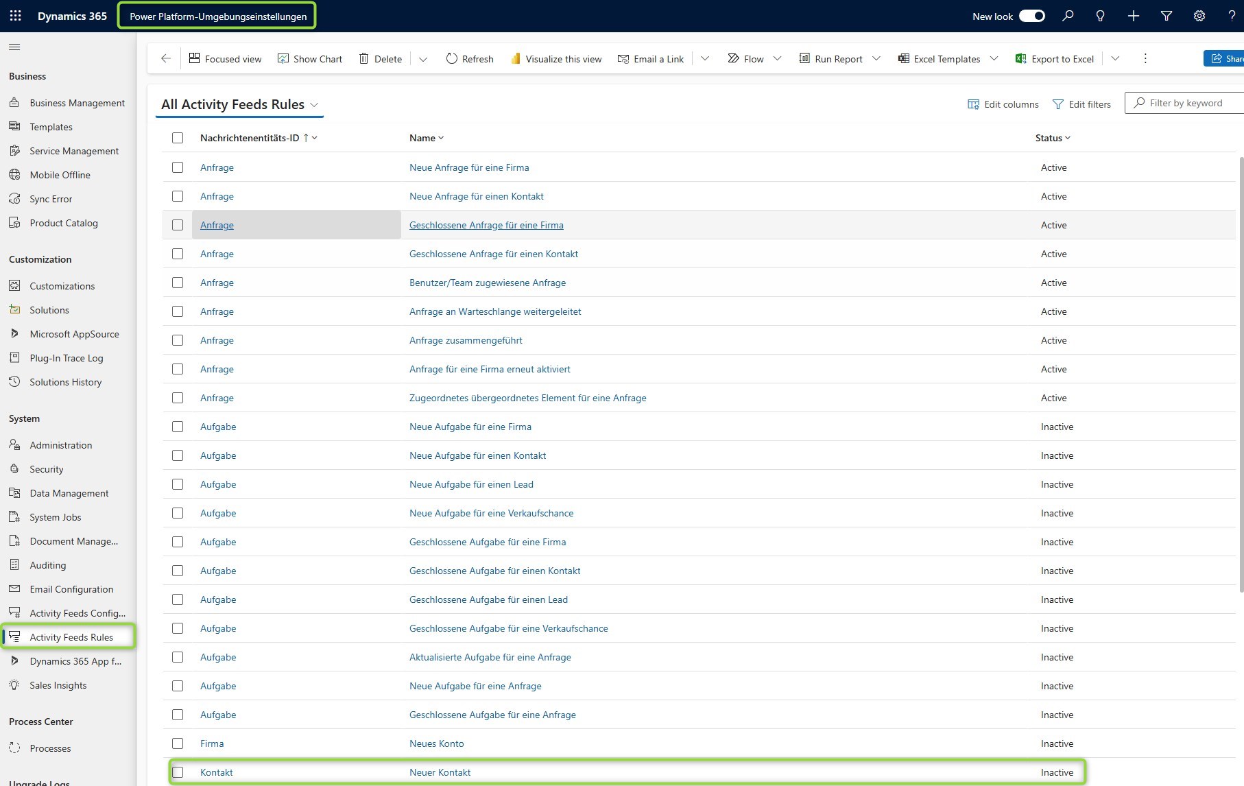 Auto-post rules are found in the Power Platform Environment Settings app under System, Activity Feed Rules